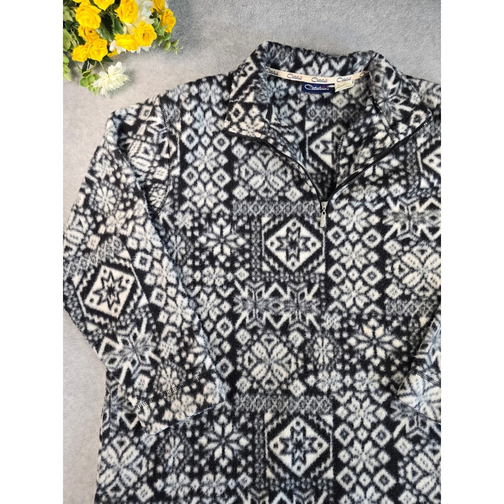 Catalina Vintage‎ Fleece Pullover XL Womens Black White Nordic Fair Isle 1/4 Zip